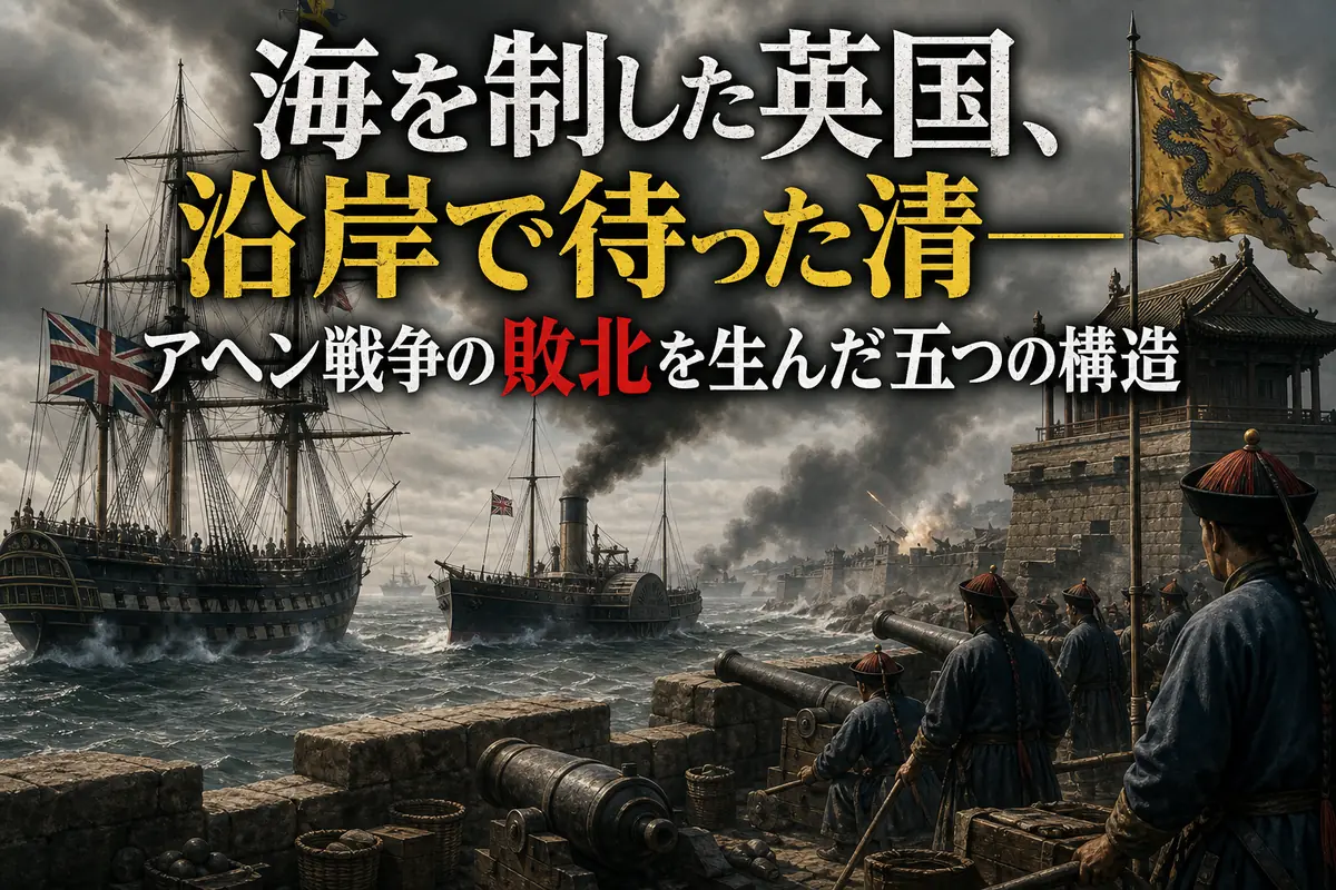 英国艦隊と清の沿岸砲台が対峙する第一次アヘン戦争の情景。
