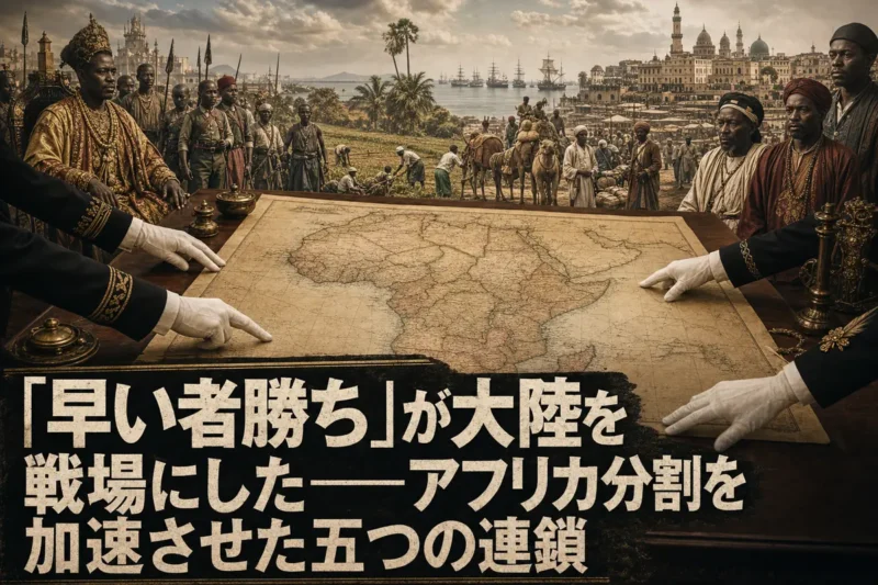 列強の手が伸びるアフリカ地図と、その向こうに暮らす現地社会を描いた歴史画。
