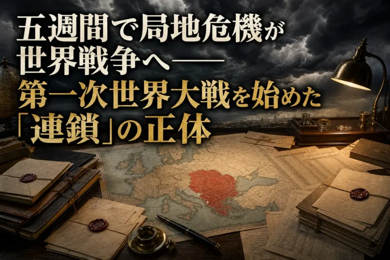 1914年の欧州地図と外交文書、軍事動員表が並ぶ机。