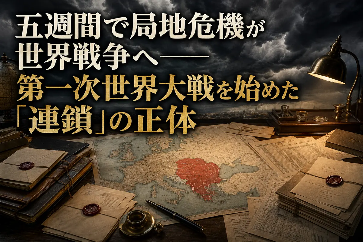 1914年の欧州地図と外交文書、軍事動員表が並ぶ机。