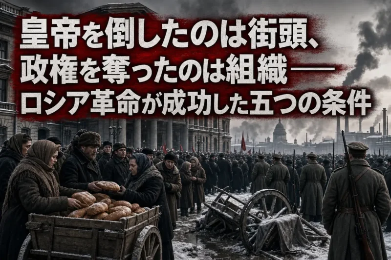 1917年のペトログラードで集まる労働者と兵士を描いた歴史的情景。