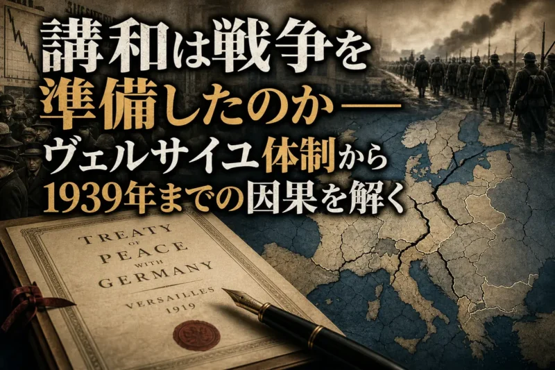 ヴェルサイユ条約から第二次世界大戦へ至る複雑な連鎖を表した歴史イメージ。