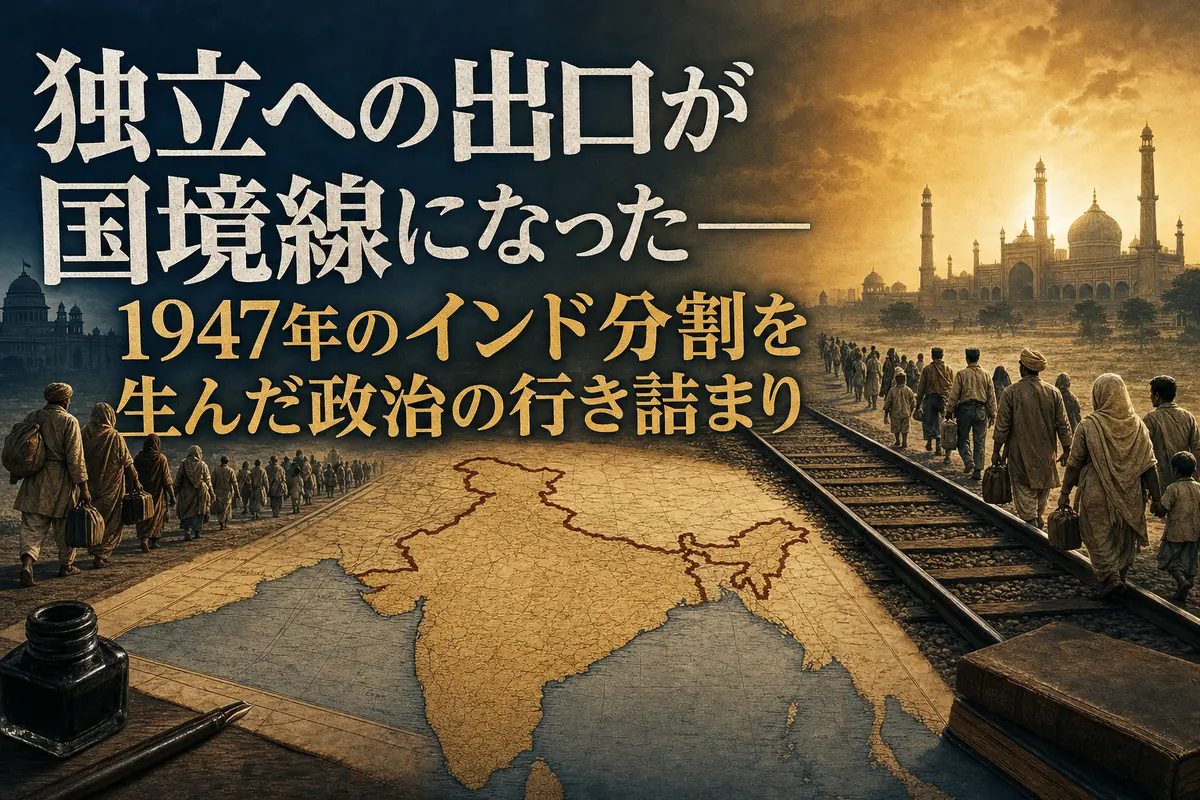 1947年のインド亜大陸に引かれた国境と移動する人々を描いた歴史イメージ。
