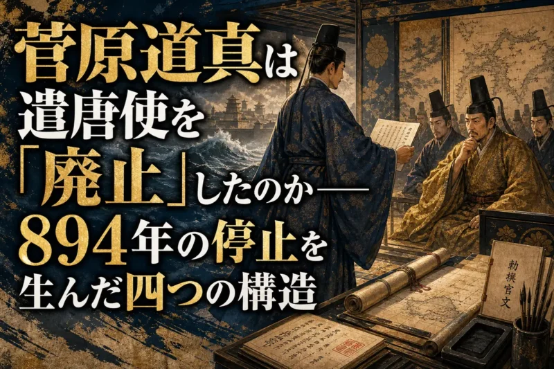 遣唐使の進退を朝廷に問う菅原道真と荒れる東シナ海を描いた歴史画。