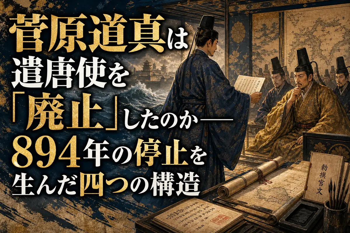 遣唐使の進退を朝廷に問う菅原道真と荒れる東シナ海を描いた歴史画。
