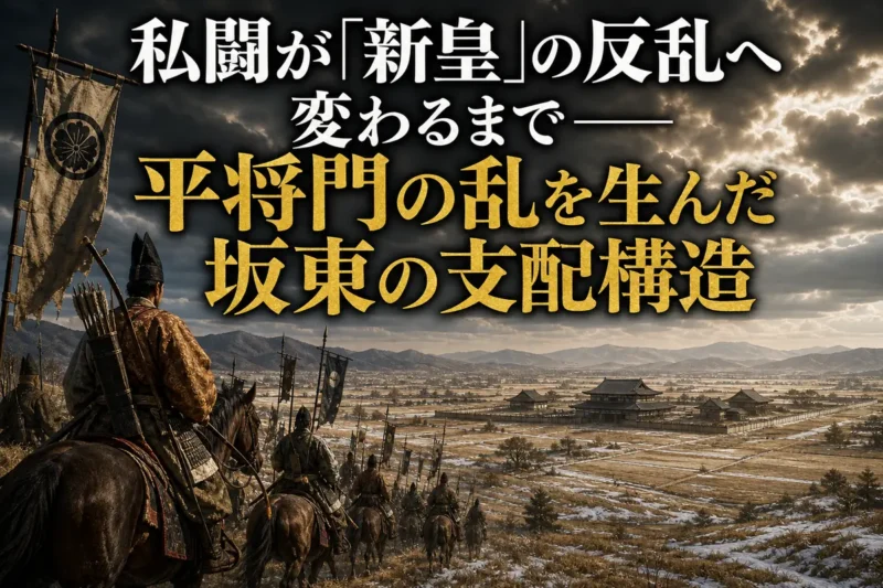 平安中期の坂東を進む騎馬武者と国府を描いた歴史イメージ。