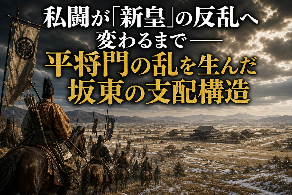 平安中期の坂東を進む騎馬武者と国府を描いた歴史イメージ。