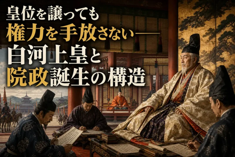 院御所で政務を主導する白河上皇と宮廷の様子を描いた歴史イメージ。