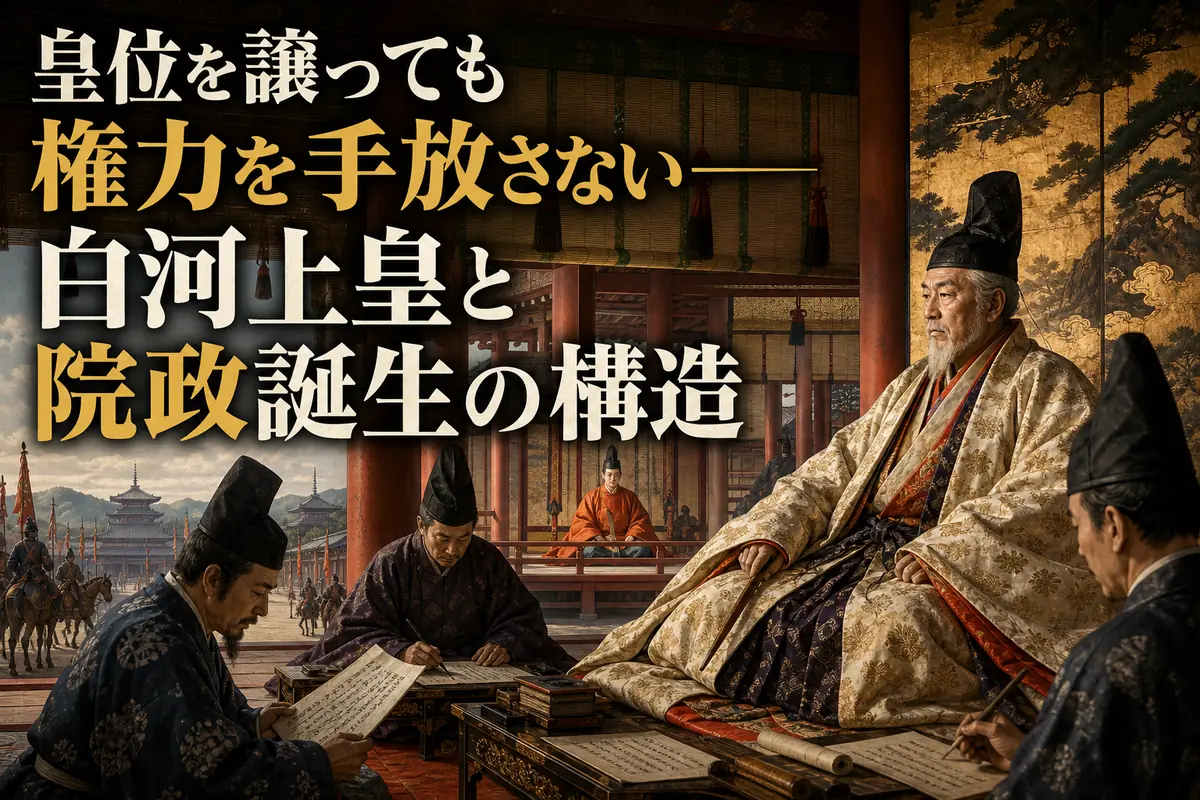 院御所で政務を主導する白河上皇と宮廷の様子を描いた歴史イメージ。